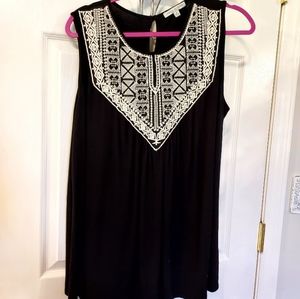 Black Tank Top White Embroidery plus sz 1X Western Boho